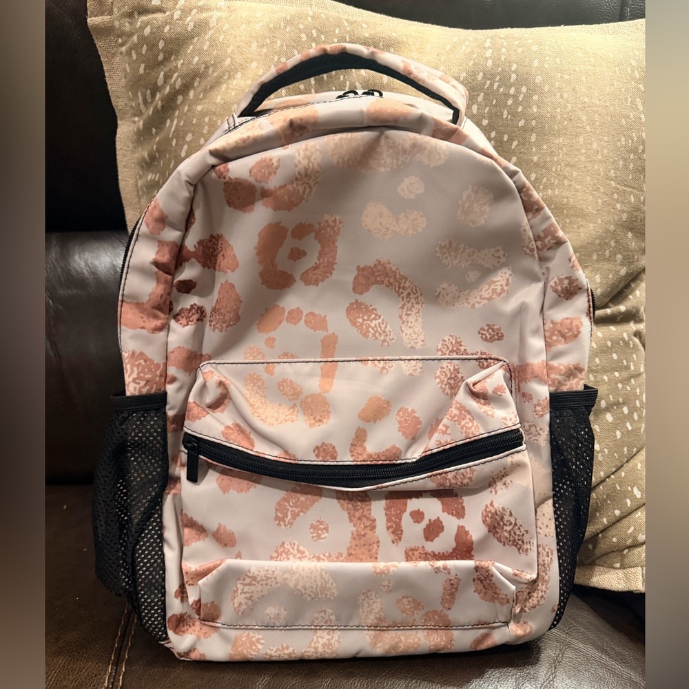 Pink Rose Gold Leopard Print Backpack, new